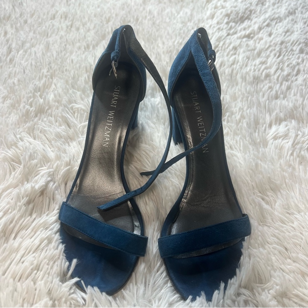 Stuart Weitzman Nearlynude Sandal Aqua Suede Heel